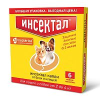 Капли Инсектал, от блох и клещей, для собак и кошек весом 2-4 кг